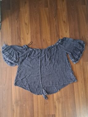 Paper Crane Charcoal Gray Off-Shoulder Ruffle Sleeve Top